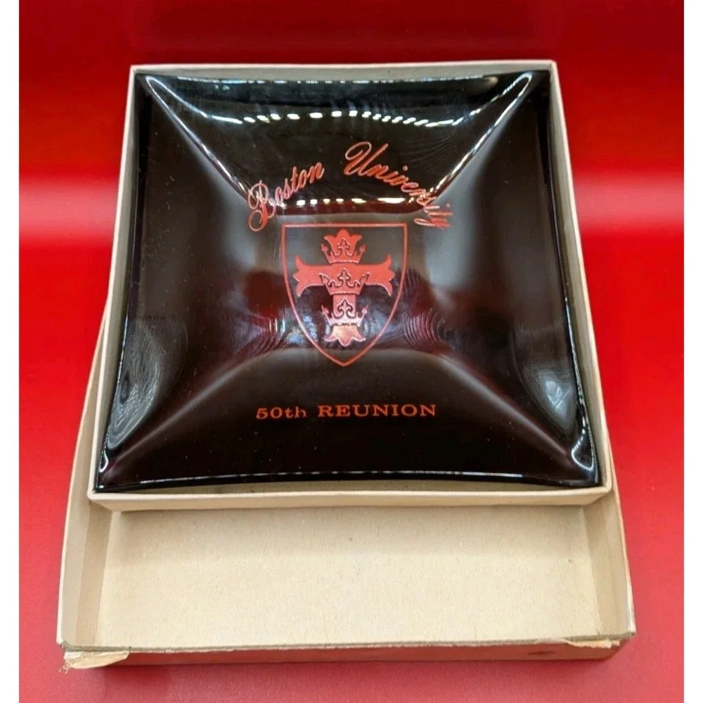 Boston University 50th Reunion Vintage Glass Tray Commemorative BU Crest Black